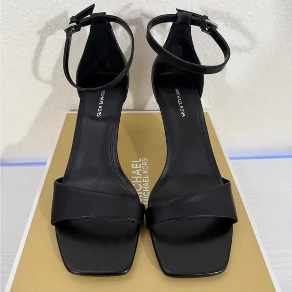 Michael Kors Jaida Ankle-Strap Black Leather High Heel Sandals. - Picture 8 of 10